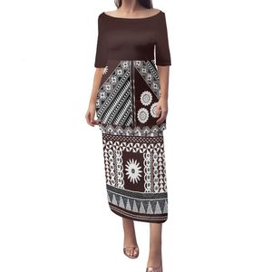 Skirts Samoan Puletasi Polynesian Tribal Clothing Brown White Fijian Tongan Flower Print Custom Dress Sets Women Two Piece Off Shoulder 230306