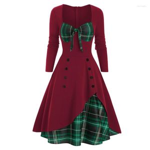 Sukienki swobodne Plaid Contrast Bowknot Vintage Sukienka z długim rękawem 50. lat 60. moda retro szata na przyjęcie bożonarodzeniowe Kobiety jesienne wiosnę