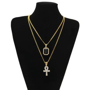 Pendant Necklaces Mens Egyptian Ankh Key Of Life Necklace Set Bling Iced Out Cross Mini Gemstone Gold Sier Chain For Women Hip Hop J Dhadx