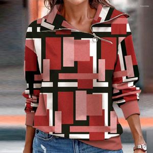 Bluzki damskie długie rękawy luźne wygodne geometryczne wzór damski biuro swobodna koszula Skewę zamek błyskawiczny nieregularny top pullover