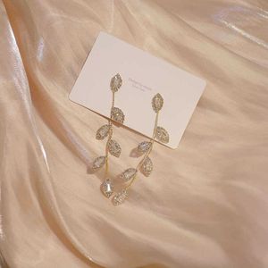 Charm Earrings for Women Long Fringe Tree Leaves Wholesale Korean Jewelry Stainless Steel Rhinestone Stud Earring G230307