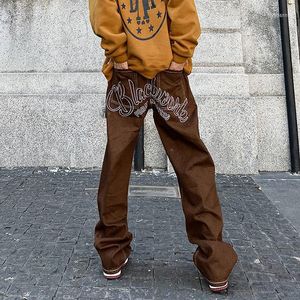 Men's Jeans Embroidery Fashion Brown Mid Rise Baggy For Men Latest Design Star Hip Hop Straight Loose Fit Boyfriend Pants Y2K