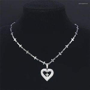 Pendant Necklaces Christian Cross Stainless Steel Silver Color Small Heart Necklace Jewelry N19819S08