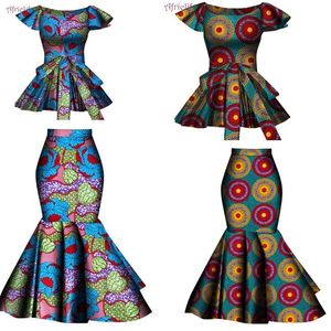 Ethnic Clothing African Two Pcs Set Flared Skirt and Top Dashiki Wax Print Cotton Plus Size Party Clothing WY10076 230307