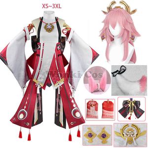 Anime Kostüme Genshin Impact Yae Miko Cosplay Come Frauen Rosa Langhaar Perücke Genshin Cosplay Comes Yae Miko Amulett Komplettset Z0301