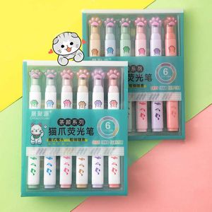 Highlighters 6pcs Cat Claw Highlighters Флуоресцентные художественные маркеры Kawaii корейские канцелярские канцелярские товары.