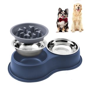 Dog Bowls Feeders Double Nonslip Pet Show Food Stainless Steel Water Food Feeder för S Feeding Drinking Supplies 230307