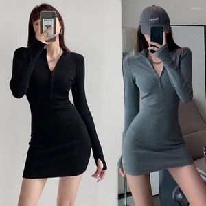 Casual Dresses Autumn Y2K Sexy Girls Zipper Half High Collar Long Sleeve Knitted Tight Buttock Short Dress