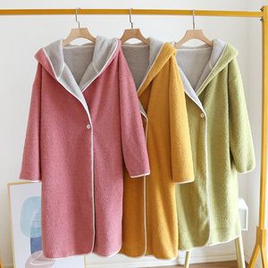 Women's Sleepwear WXIBEI Soft Lamb Wool Thick Warm Autumn Winter Hooded Mid-Length Bathrobe Single Button Dressing Gown Robes