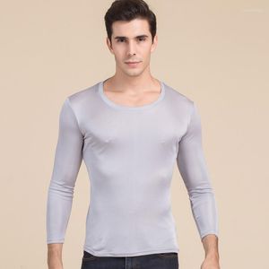 メンズTシャツスプリング中年の男性シルククルネック長袖Tシャツマルベリー両面ニットアンダーシャツプラスサイズトップ