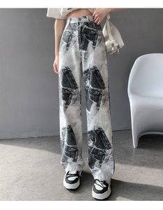 Women's Jeans Tie Dye Painted Women High Waist Wide Leg Denim Pants Hippie Loose Straight Daddy Long Trousers 2023