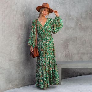 Vestidos casuais com laço de costas sensuais vestido plissado verde impressão floral boho feminino lanterna de decote em vil de mangas compridas outono