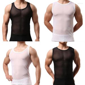 Underskjorta män ärmlösa mesh andningsbara skjortor transparent rena tank tops sport fitness snabb torr underkläder slip sömnkläder