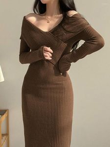 Casual Dresses Women's Autumn Sticked Cross Show Thin Package Hip Dress Off-the-Shoulder Boat Neck Long Sleeve Split Hem Tight