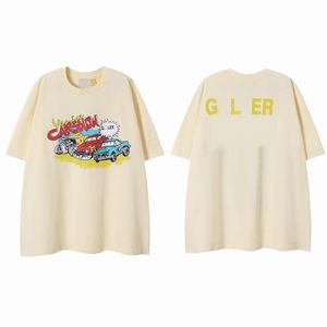 男性デザイナー Tシャツ Galleryes Depts トップレタリング半袖 2023ss スケルトンカーグラフィティプリント Tシャツラウンドネックプルオーバーカップル Tシャツ綿ハイストリート om