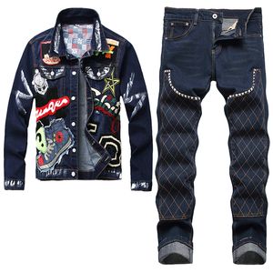 Ciemnoniebieskie dresy rozerwane dziury Męska kurtka/dżinsy 2pcs zestawy haftowany jeansowy jeansowy i rozciągający nity spodne