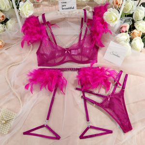 Conjunto de sutiã de pluma transparente ultrafino, lingerie super sexy com corrente de cristal, conjunto de sutiã de renda, roupa íntima sexy