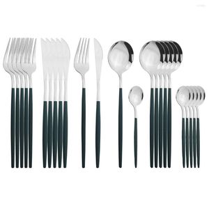 Set di stoviglie 24 pezzi Set di posate in argento verde Coltello in acciaio inossidabile Forchette Cucchiaio da caffè Posate da cucina Stoviglie da tavola