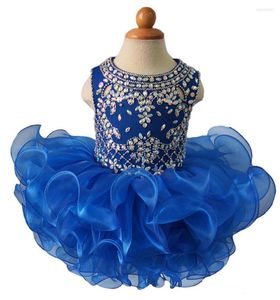여자 드레스 꽃 드레스 아기 유아 유아 생일 파티 왕실 블루 푸른 계층 은색 크리스탈 볼 가운 아이를위한 주름