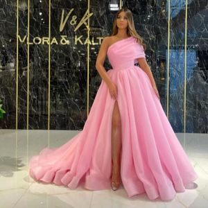 Pink Organza Formal Evening One Shoulder Sexy Side Split Puff Tulle Long Party Dress A-line Prom Dresses