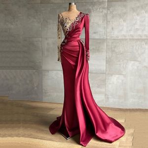 Party Dresses BridalAffair Burgundy Evening Dress For Party Satin Beaded Pearls Long Sleeves Pleats Elegant Mermaid Prom Gowns Celebrity Dress 230307