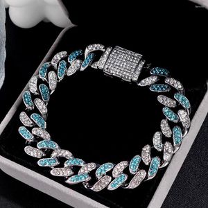 Charm Armband 13mm Hip Hop Blue Crystal Paled Cuban Link Chain Armband For Women Men Silver Color Miami Rapper Rock Jewelry