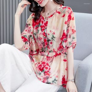 Blouses femininas Blusa de chiffon floral de verão Túnicas elegantes para mulheres de tamanho grande