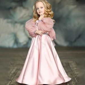 Baby First Communion Lovely Pink Satin Flower Girl Dress Birthday Wedding Party Dresses Costumes Drop Shipping