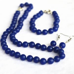 Brincos de colar Conjunto de moda estilo 1set 8mm egípcio azul calcedony jades jaspers semi preciosos pedra diy 18 '' pulgle