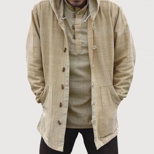 Felpe con cappuccio da uomo Stile etnico con cappuccio Manica lunga Allentato Casual Sottile Autunno Tinta unita Cappotto di base Bottone Plus Size 5XL Capispalla maschile