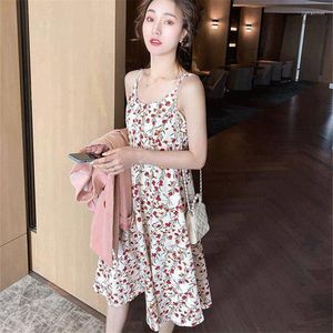 Vestidos casuais vestido feminino tira floral sexy primavera e verão imitação gelo seda versão coreana do longo