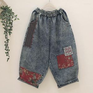 Jeans da donna Stile artistico Primavera Autunno Donna Elastico in vita Pantaloni larghi in denim di cotone Disegni patch vintage Lunghezza alla caviglia Allentato C719