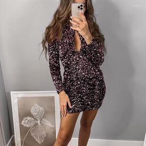 Casual Dresses Autumn Sexy Solid Sequin Party Dress Women 2023 Fashion O-Neck Bodycon Office Lady Elegant Hollow Out Sheath Mini
