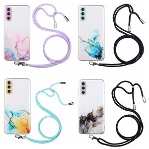 Marble Phone Cases For Samsung S23 Ultra S22 Plus A14 A34 A54 5G A13 A73 A53 A33 Luxury Soft TPU Natural Granite Stone Transparent Girls Mobile Cover With Shoulder Strap