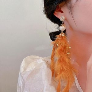 Dangle Earrings Autumn Winter Large Size Feather Pearl Pendant Women Gold Beads Tassel Drop Female Temperament Jewelry