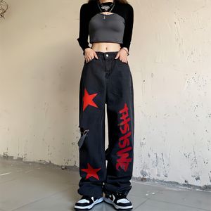 QNPQYX Hip Hop American Style Black Baggy Jeans Women High Waist Vintage Trousers Stars Printed Graffiti Letters Wide Leg Ripped Pants