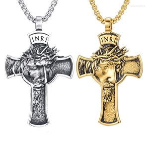 Colares de pingente de alta qualidade de aço inoxidável coroa de espinhos INRI Jesus Cruz para homens jóias cristãs