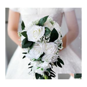 Hochzeitsblumen Künstliche Rose Brautstrauß Kristalle Blumenzubehör Brautjungfer Hand hält Brosche Drop Delivery Party Events Dhgsc