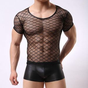 Men's T Shirts Transparent Mesh Tshirt Men Shirt V-Neck Short Sleeve Plaid Sexy Undershirt Singlet Male Night Club Performance Sheer Top