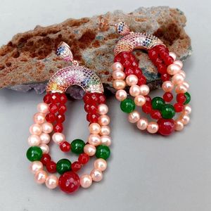 Stud Earrings KKGEM Rose Gold Plated Colorful Cz Pave Charm Green Jade Cultured Pink Pearl Red Dangle