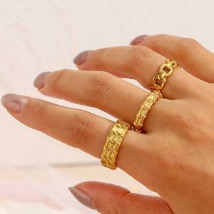 Cluster Rings 2022 Wide Thin Rattan Texture Gold Rings For Woman Stainless Steel 18K Gold Plated Stainless Steel Ring Jewelry Waterproof G230228 G230307