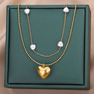 Collares pendientes Collar de corazón multicapa para mujer Acero inoxidable chapado en oro 2023 Collar de joyería de perlas de imitación de tendencia