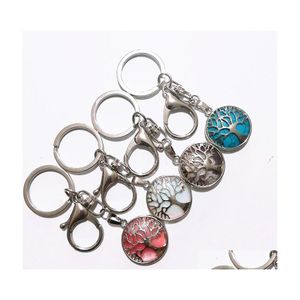 Nyckelringar Natural Stone Hollow Tree of Life Keychain Pink Tingers Eye Gemstone Rose Quartz Car Bag Pendant Keyring smycken Kvinnor Män Dh2ux