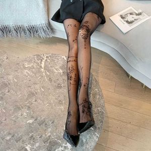 Silk Stockings Sexy Lace Women Sexy Tights with Patterned Tattoos Pantyhose Inscriptions Flower Letter Ladies Thin Long Black Stockings