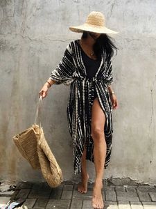 Women's Swimwear Fitshinling Summer Vintage Kimono Swimwear Halo Dyeing Beach Cover Up with Sashes Oversized Long Cardigan Holiday Sexy Covers