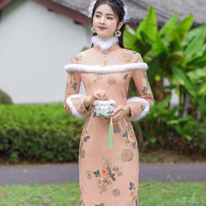 Ubranie etniczne 2023 Zima chińska trditional cheongsam for woman żółw szyi vintage sukienka kwiatowy hanfu puszysty długi rękaw plus rozmiar