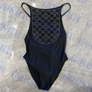 Badeanzug mit Strass-Buchstaben für Damen, einteiliger Bikini, karierte Sling-Bademode für Damen