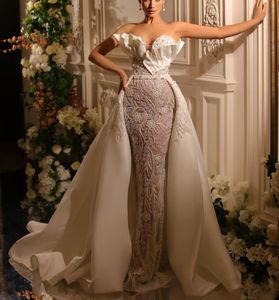 Exquisite Mermaid Wedding Dresses Sleeveless V Neck Satin 3D Lace Beaded Sequins Appliques Pearls Detachable Train Bridal Gowns Plus Size Vestido de novia Custom
