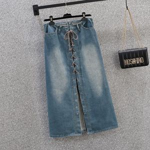 Saias Jeans vintage Mulheres médias longas divididas de laço de laço de lápis feminina plus size jeans casual na cintura All-Match