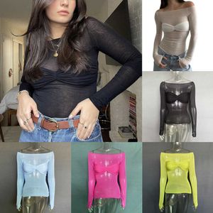 Partihandel 2023 Spring Summer Womens Mesh T Shirt Hollow Out Sexy Light Perspective One Neck T-Shirt Crop Topps Tes for Ladies Outfits